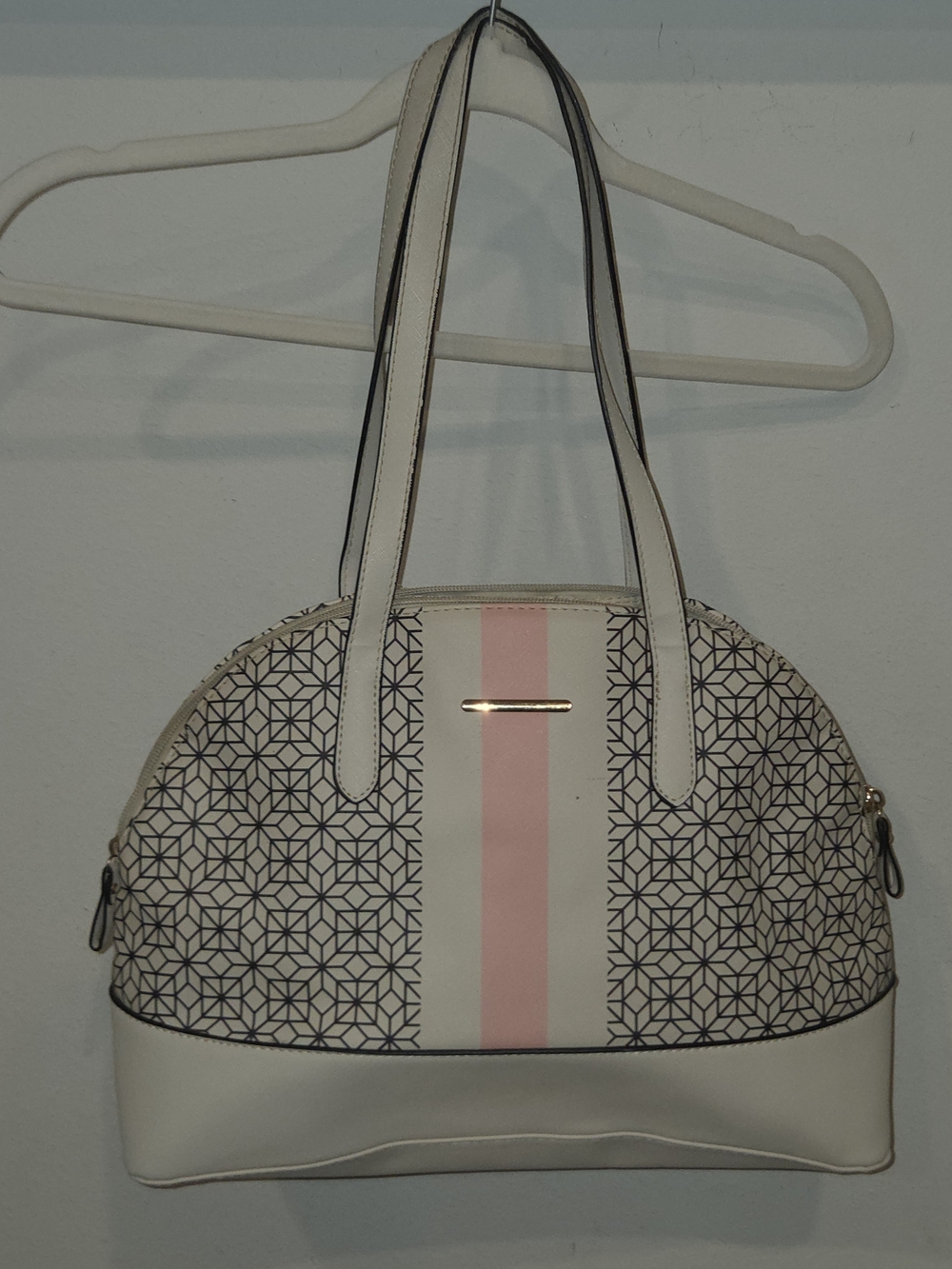 Time and Tru Cream Shoulder Bag with Pink Center Stripe & Pouch